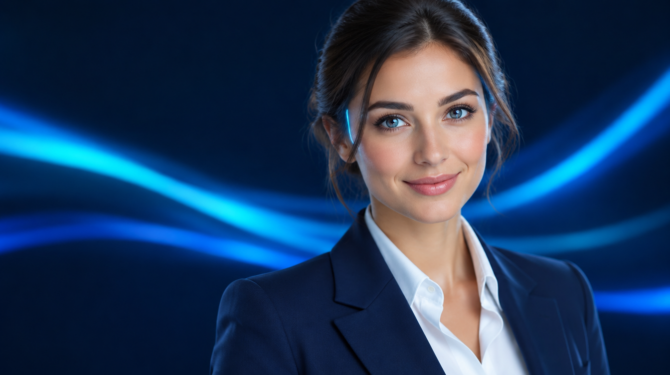 Portrait de Léa, l'assistante vocale IA, en tailleur bleu